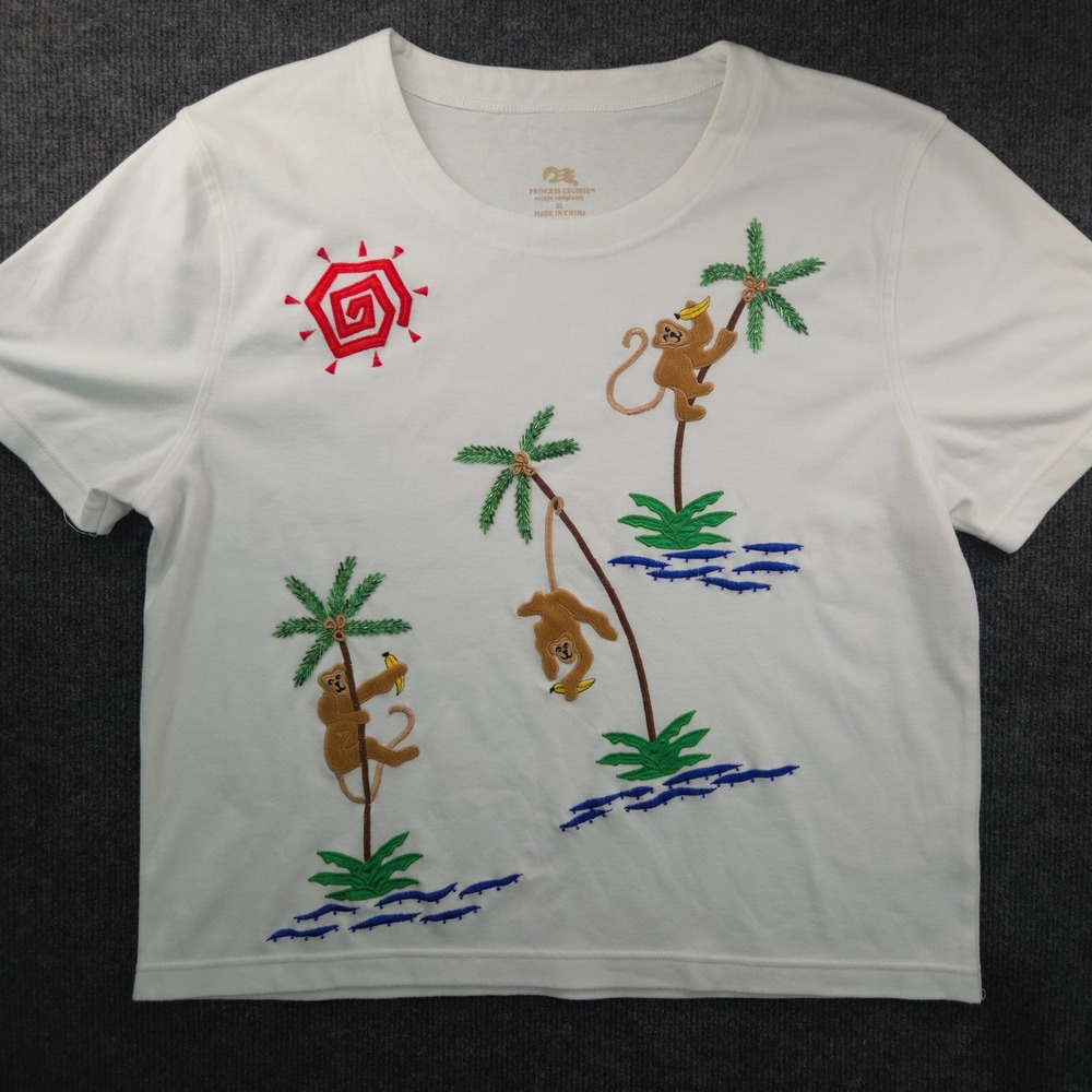 Princess Cruises T-Shirt Women XL White Monkey Tropical Embroidered Tee